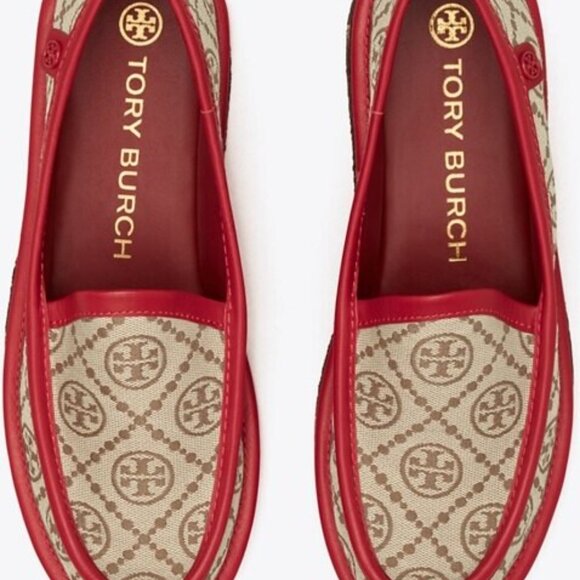 Tory Burch red leather and beige T Monogram Buddy Loafer size 9 - Picture 1 of 9